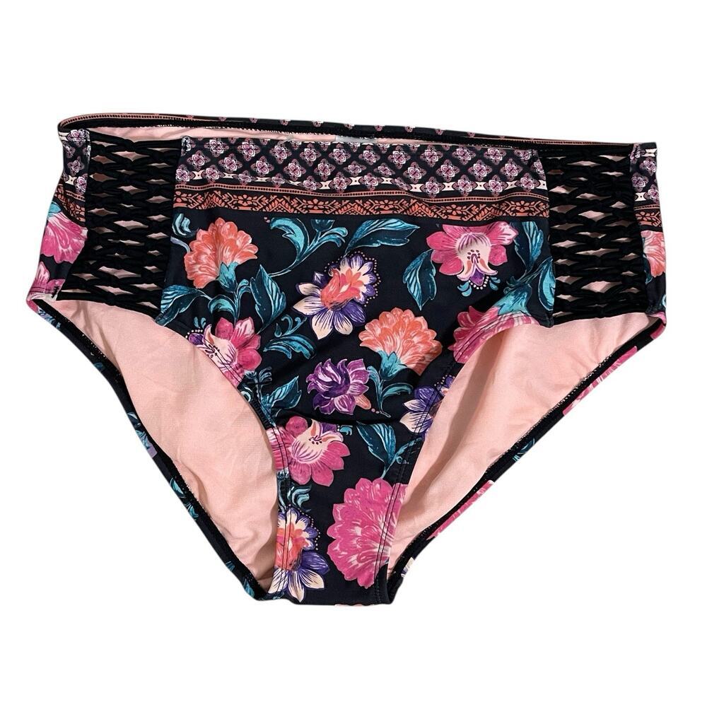 Time and Tru Elevated Gatsby Floral Bikini Bottom Size L High Waist Beach NWOT